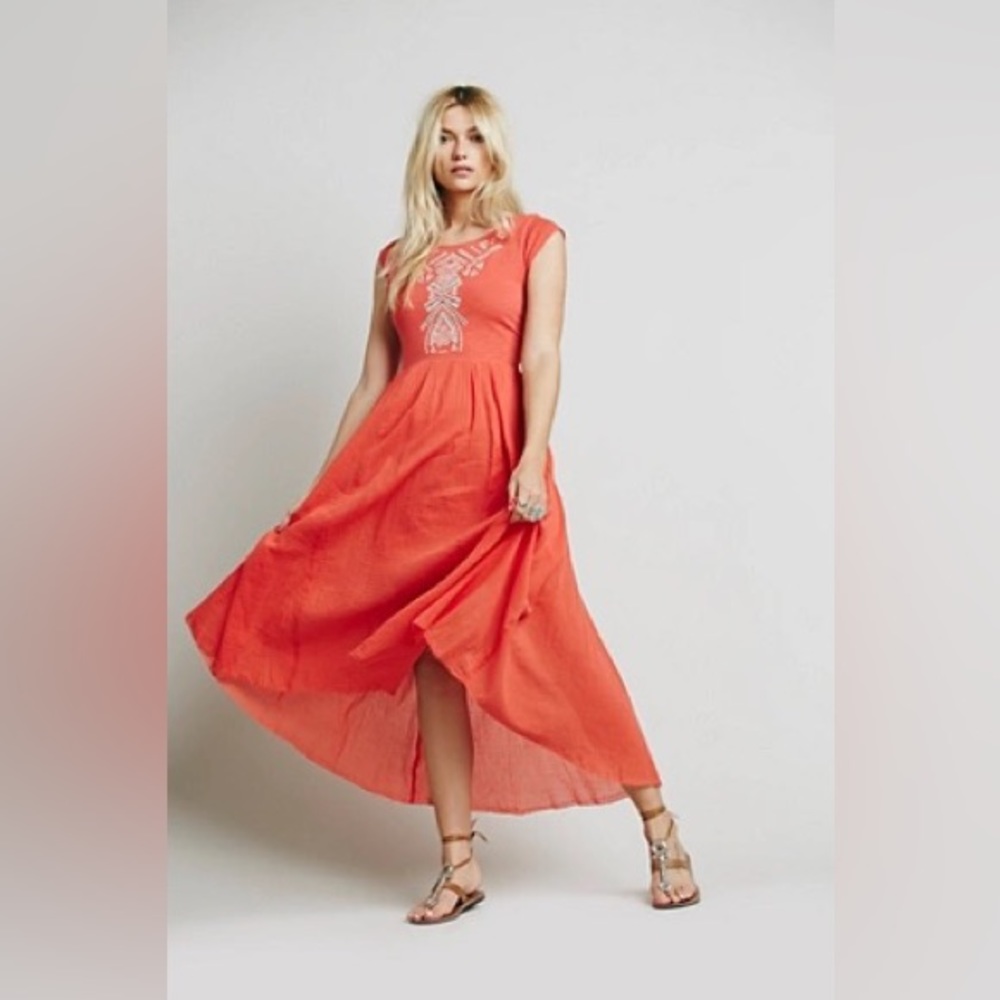 Free People Meadows Embroidered Coral Cap Sleeve Midi/Maxi Dress